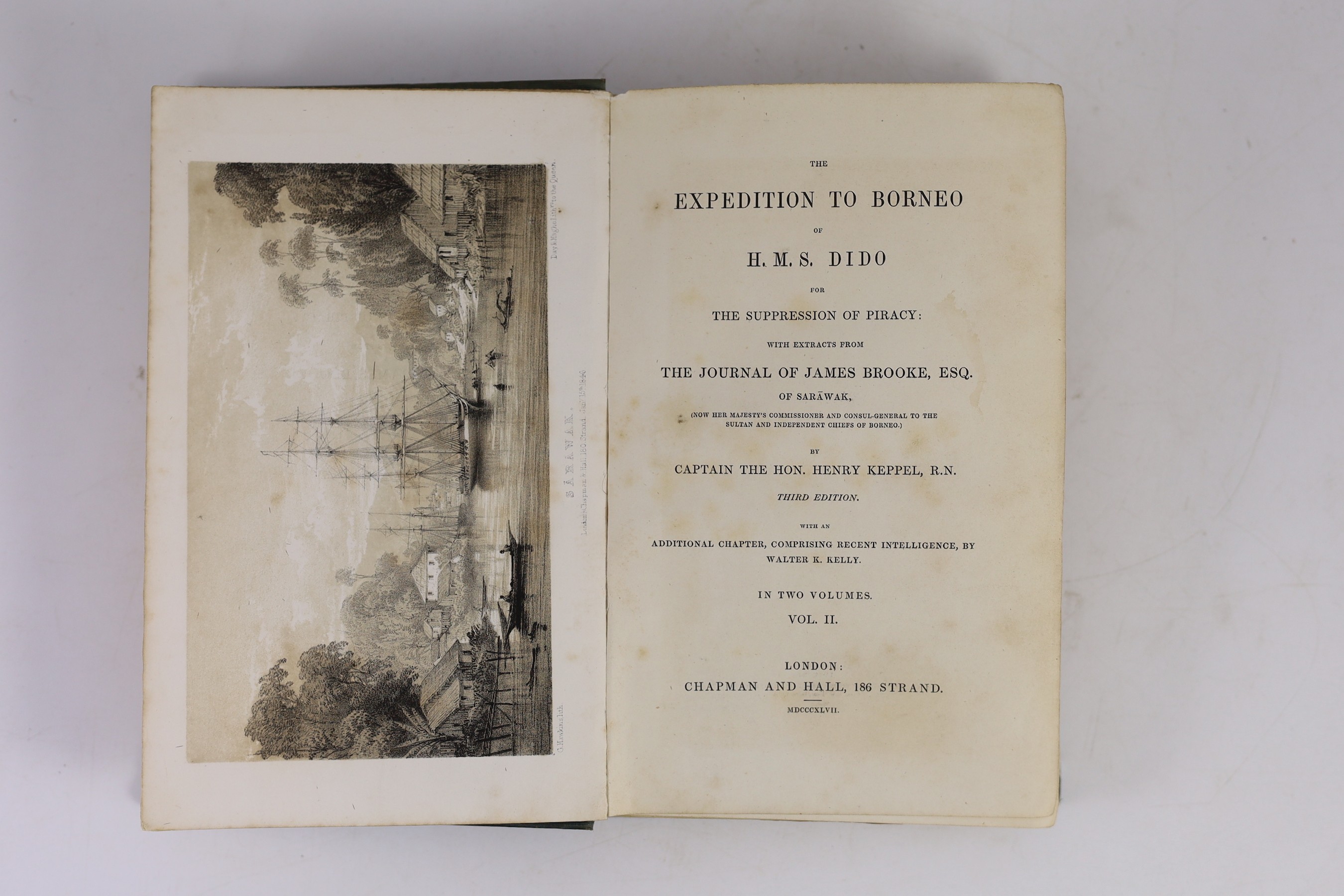 Keppel, Henry,Sir - The Expedition to Borneo of H.M.S Dido, 3rd edition, 2 vols, 8vo, original cloth, with 2 frontises, 8 plates and 6 folded maps, pencil fly leaf inscribed ‘’This copy belonged to Admiral C.B. Bonham [1